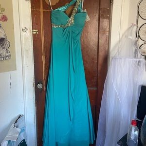 Teal prom dress with one strap